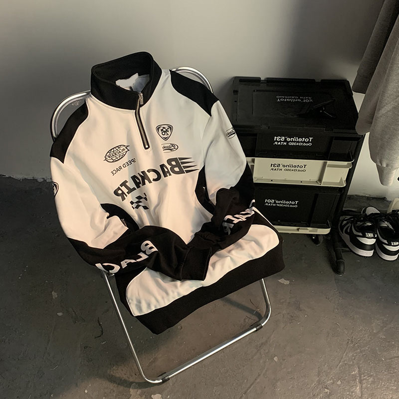 美式复古vintage街头半拉链潮牌卫衣男女春秋季拼接嘻哈风上衣ins