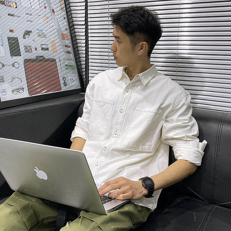 2022春秋季新款港风日系口袋工装白色休闲衬衫男长袖男士纯棉衬衣