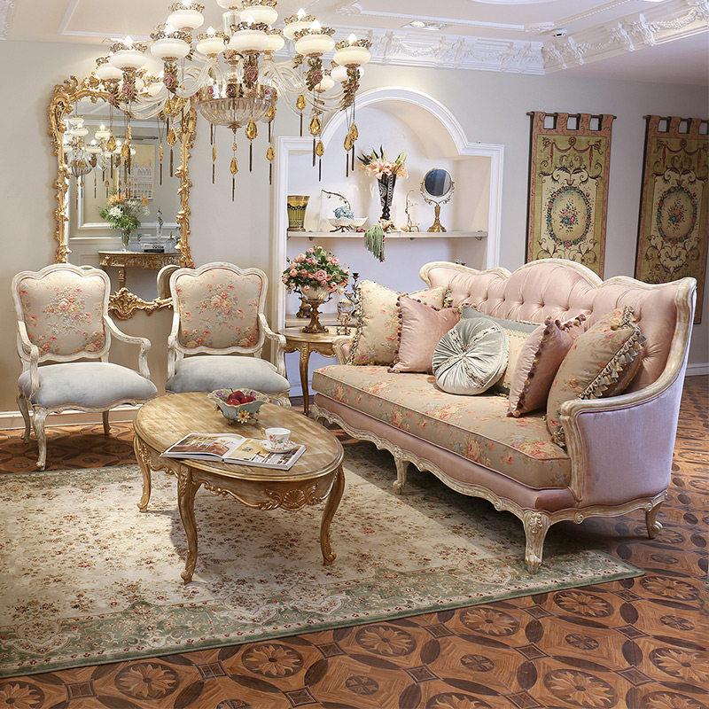 赫莎宫廷法式手工刺绣欧式实木布艺沙发贴金金银箔布艺沙发
