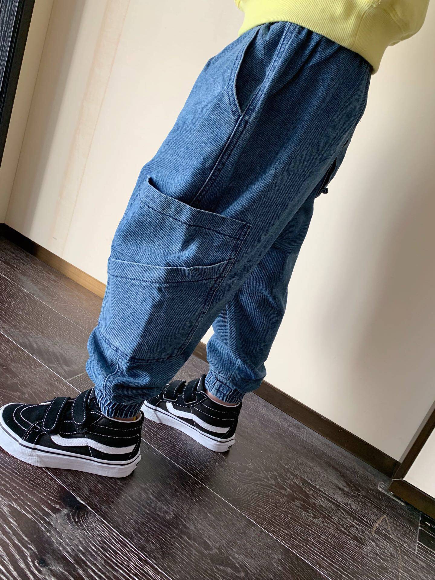 牛仔裤熊孩子孩子家自制日系儿童水洗柔软大口口袋儿童牛仔裤