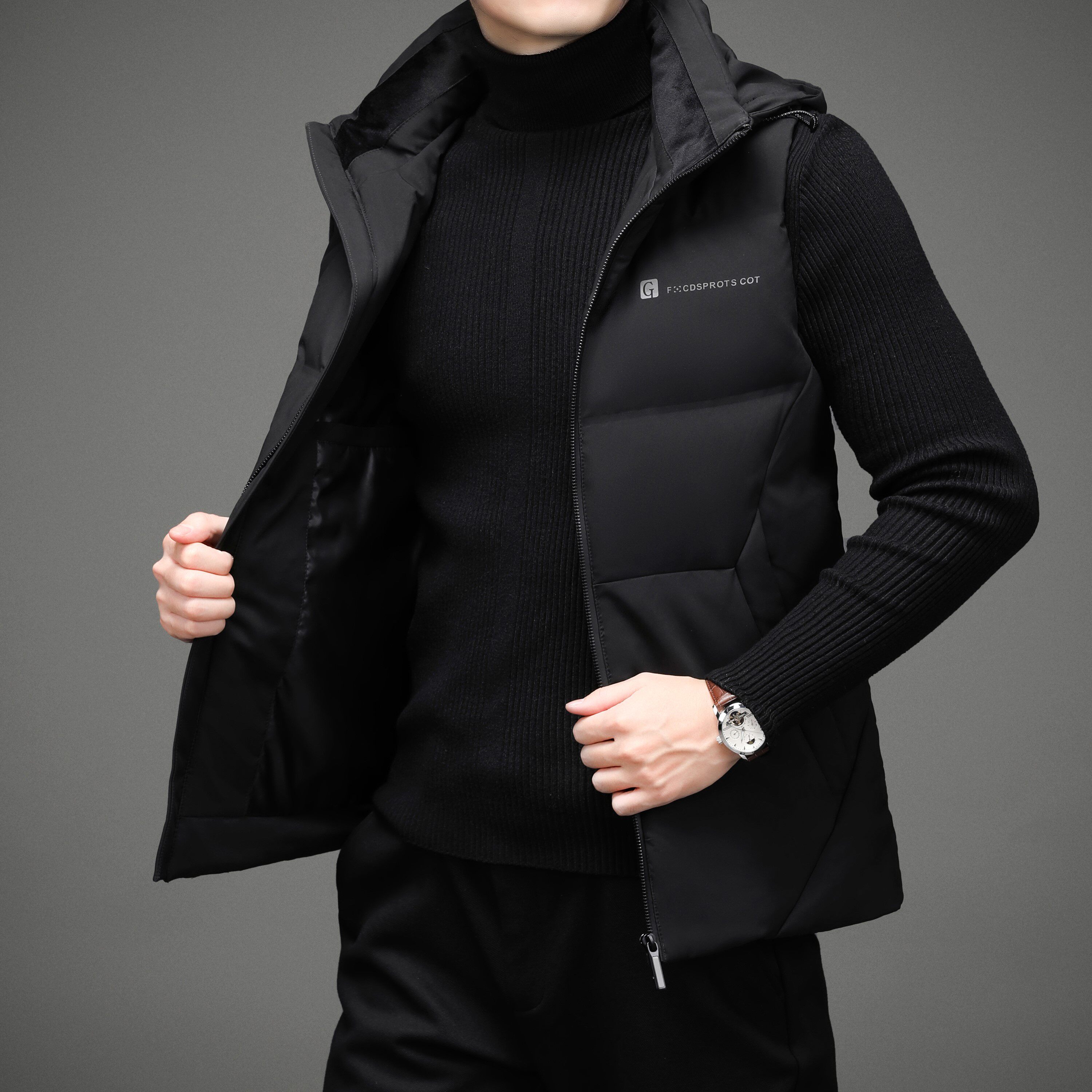 恒源祥羽绒马甲秋冬外穿中青年商务连帽背心加厚背心