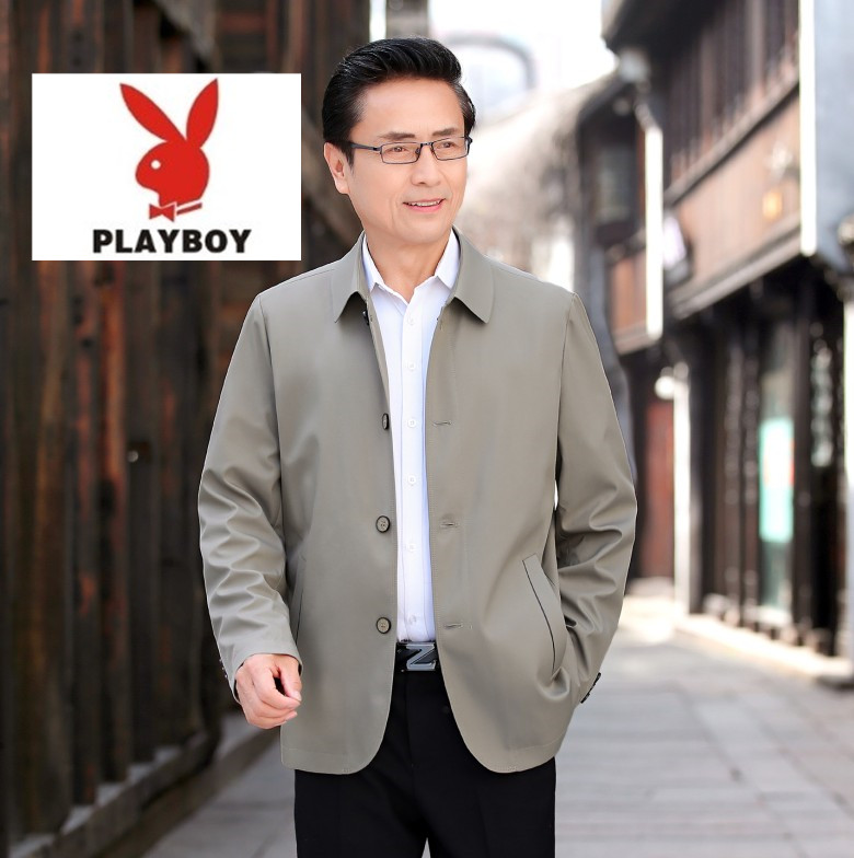 花花公子夹克男士中年翻领春夏季薄款风衣中老年爸爸装桑蚕丝外套