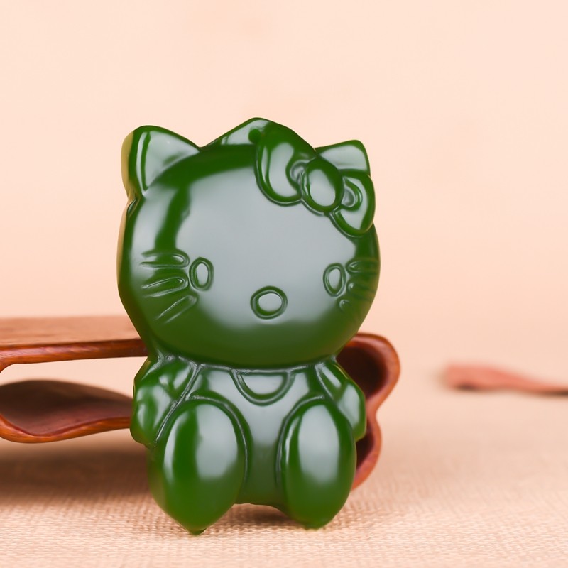 和田碧玉kt吊坠卡通猫挂件玉坠少女儿童手机颈饰