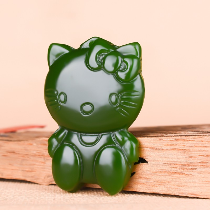 和田碧玉kt吊坠卡通猫挂件玉坠少女儿童手机颈饰