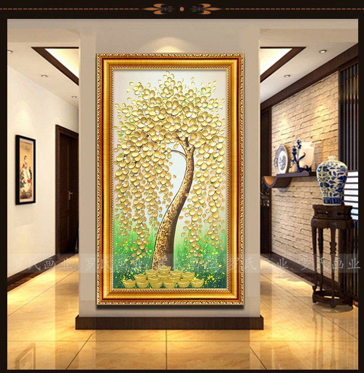 进门钱树金钱树挂画手绘客厅玄关油画竖版发财树油画