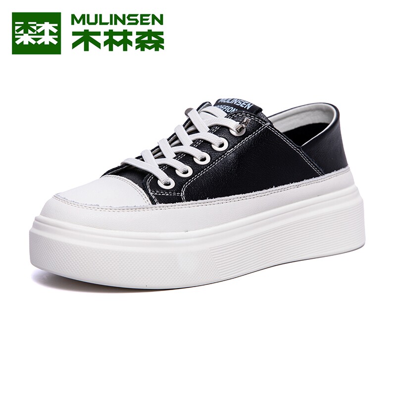 木林森女鞋小白鞋2021秋季新款松糕厚底真皮休闲鞋休闲板鞋