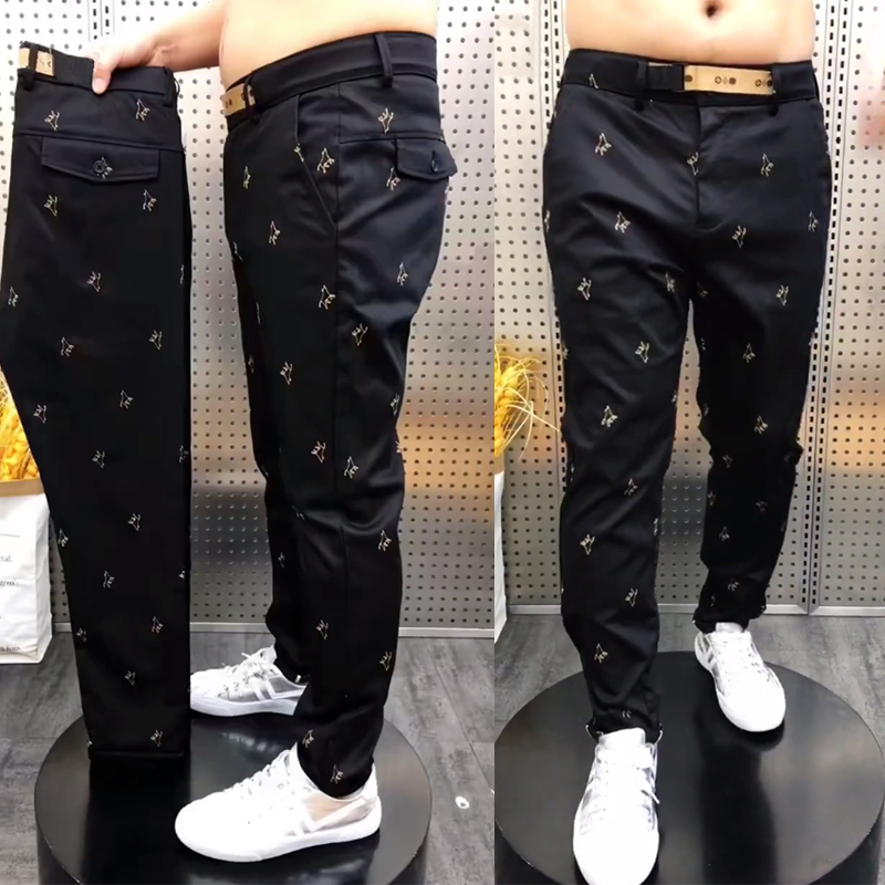 夏季男士商务休闲裤百搭个性黑色刺绣西裤网红爆款直筒裤小脚裤