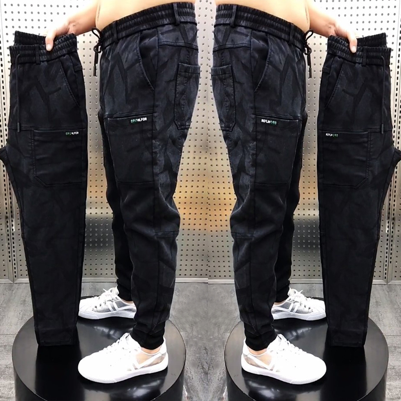 男士六兜休闲裤夏季2022新款松紧腰修身舒适小脚裤个性花色哈伦裤