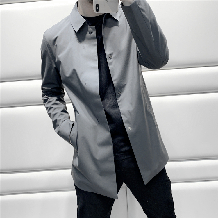 风度凌然 品位有范 秋冬休闲修身翻领纯色中长款风衣外套男 C1940