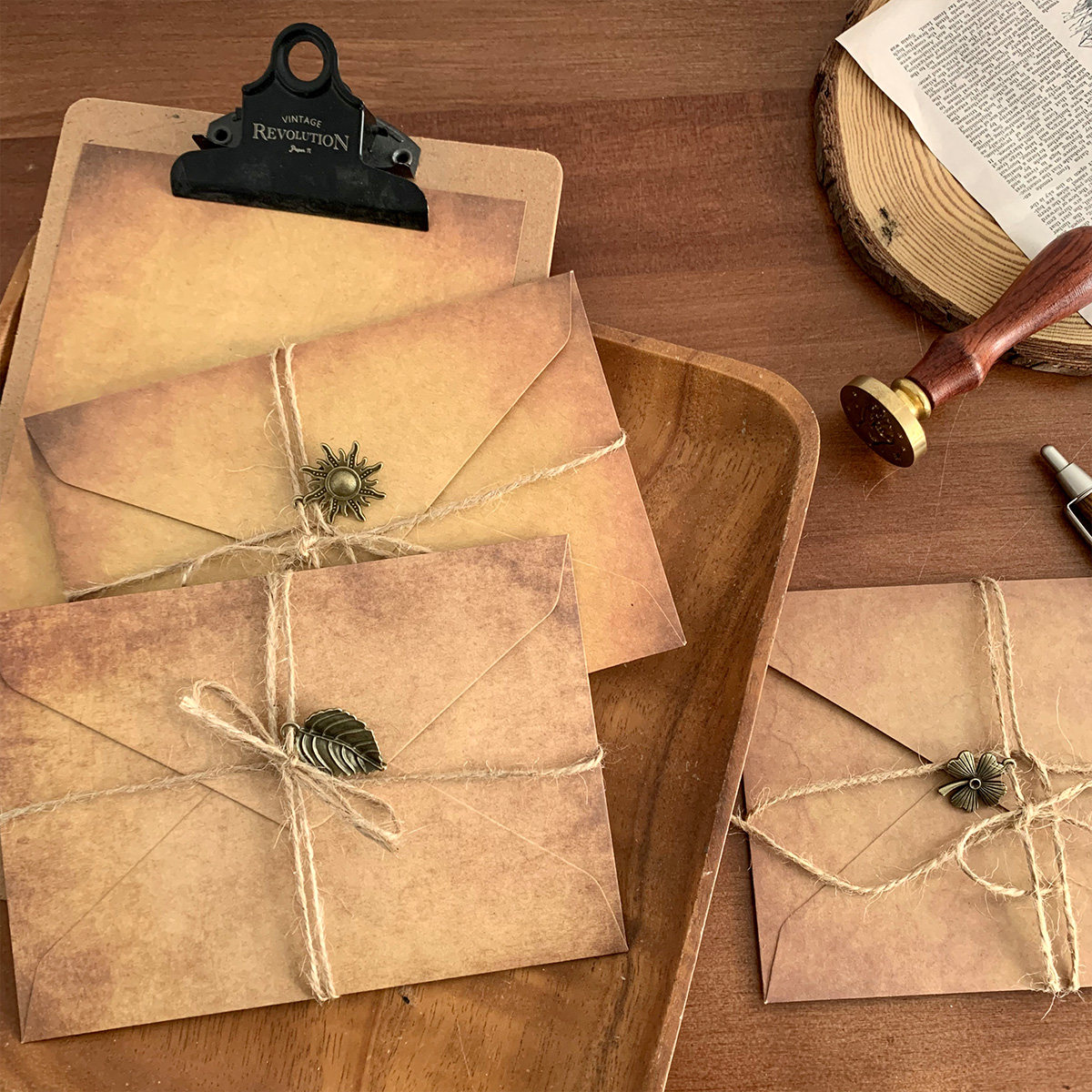 信纸信封套装复古信笺金属挂件装饰做旧牛皮纸信纸