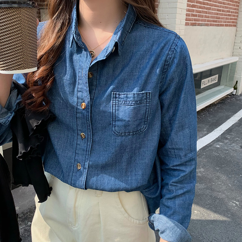 蓝色牛仔衬衫女春秋新款设计感小众宽松叠穿内搭长袖休闲衬衣