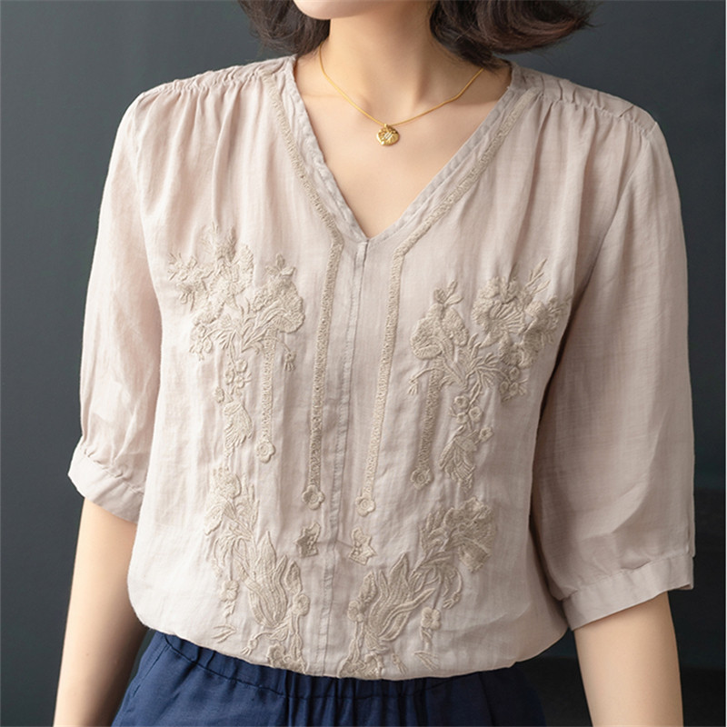棉麻上衣复古v领五分袖刺绣苎麻衬衫女宽松亚麻棉麻麻料小衫上衣