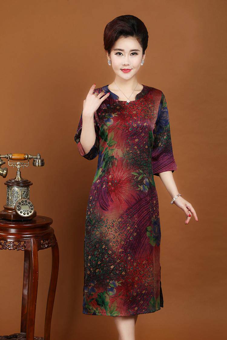 真丝香云纱连衣裙莨绸宽松版改良旗袍裙中老年女装妈妈婚礼装特价