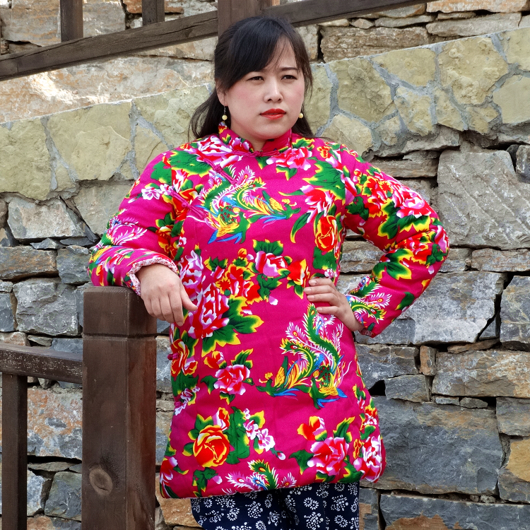 民族风纯棉东北大花布旗袍式偏襟棉袄中长款纯棉花印花布手工棉衣