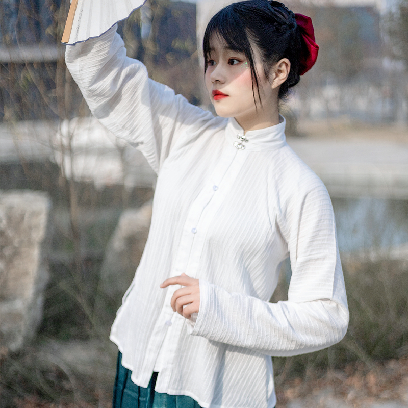 明制汉服女秋季皎月对襟立领衫剑长袖纯棉内搭民族服装