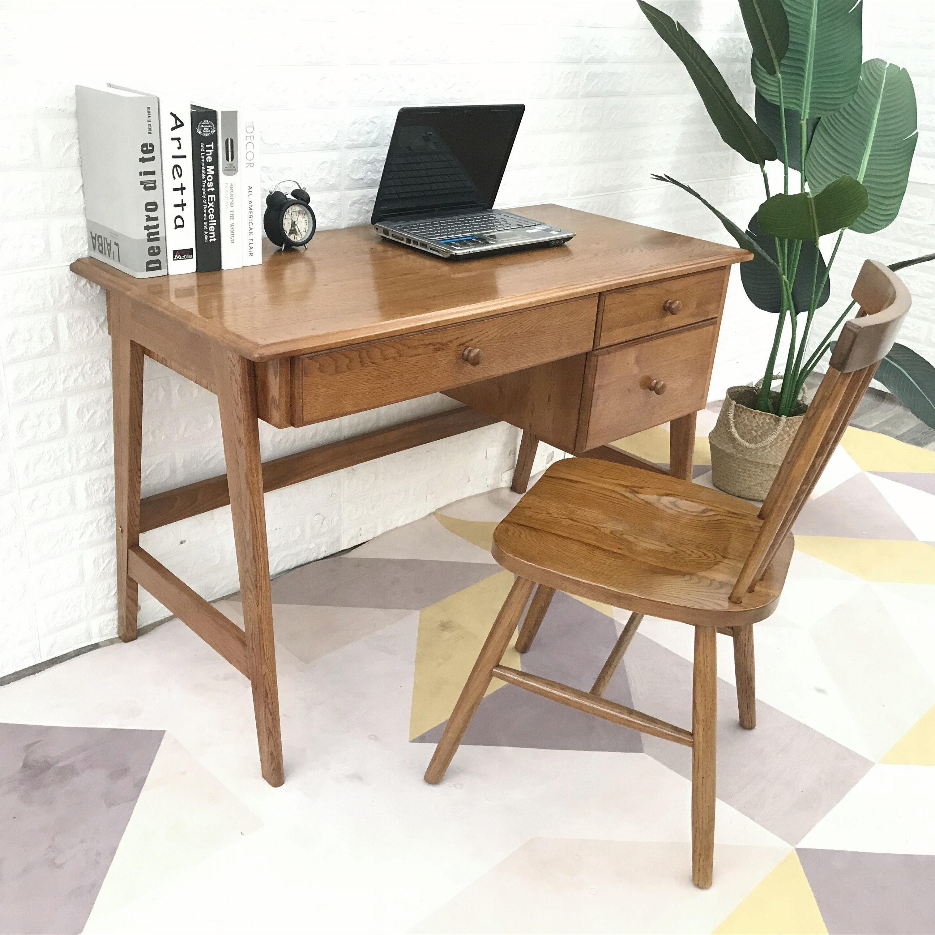 复古原木蜡油桌木写字办公桌抽屉电脑桌实木橡木书桌