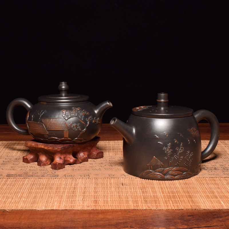 云南建水紫陶茶壶精致山水堆雕泡茶单壶普功夫茶壶