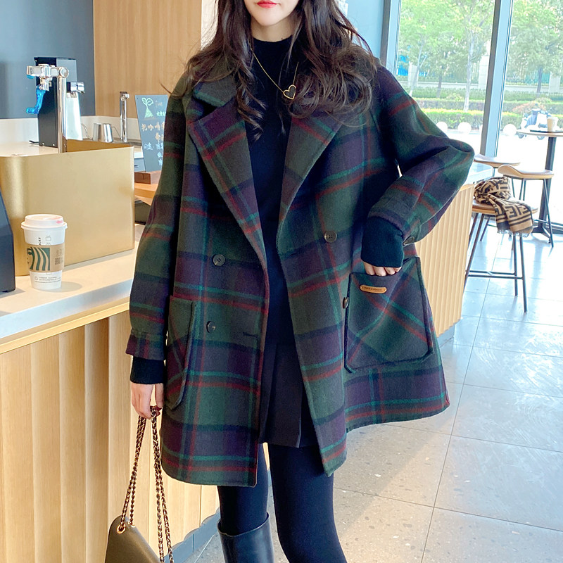 格子双面羊绒大衣2022秋冬新款韩版中长小个子毛呢外套