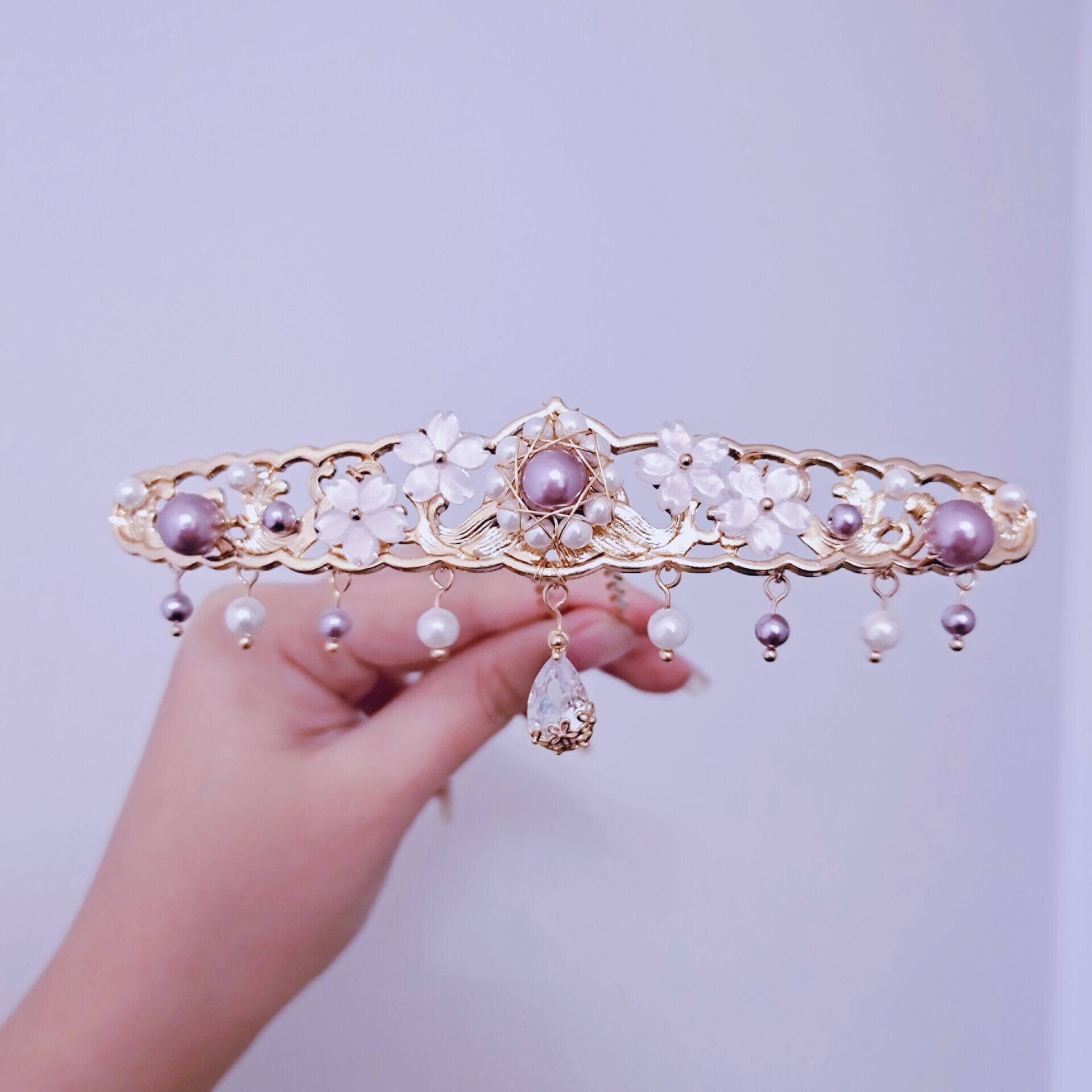 兮韵山居秋暝原创紫色珍珠发冠保色汉服配饰发饰