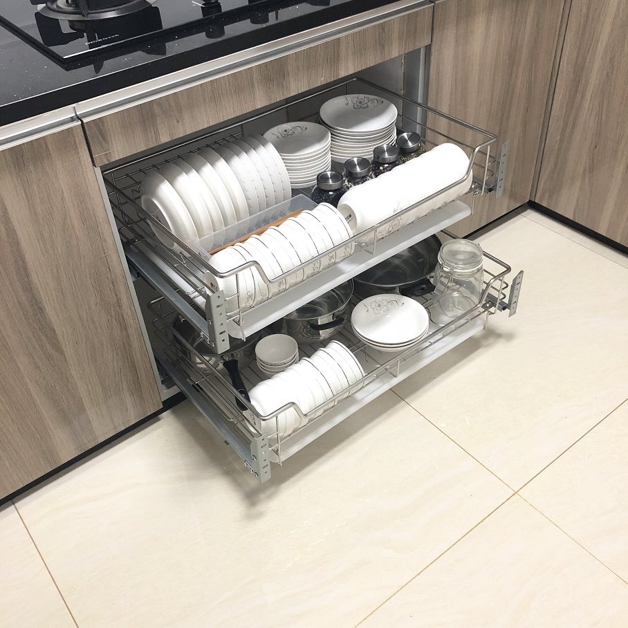 久匠一心碗碟拉篮厨房橱柜304不锈钢双层缓冲抽屉式厨柜调味架篮