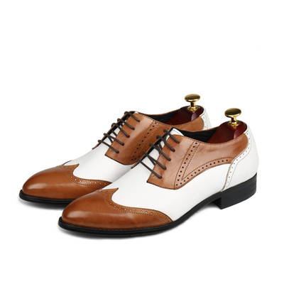 洛克春季皮鞋男士英伦欧版真皮尖头务正布雕花雕花男鞋白色单鞋