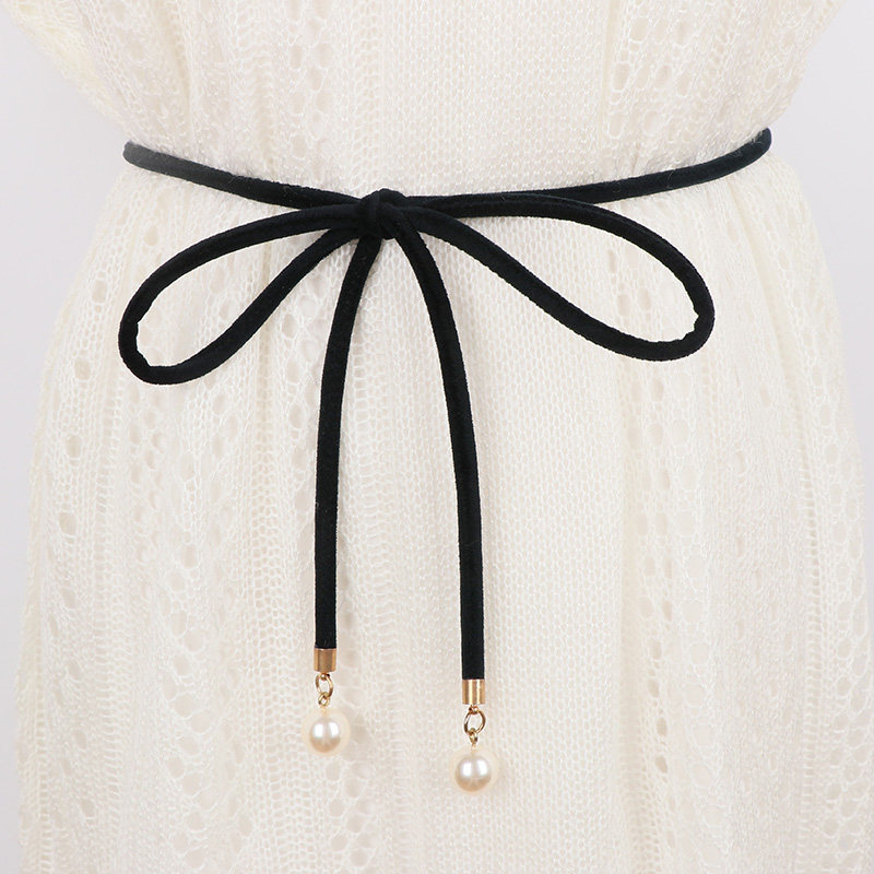 细腰时尚甜美女士打结腰带绒布珍珠装饰裙子腰带