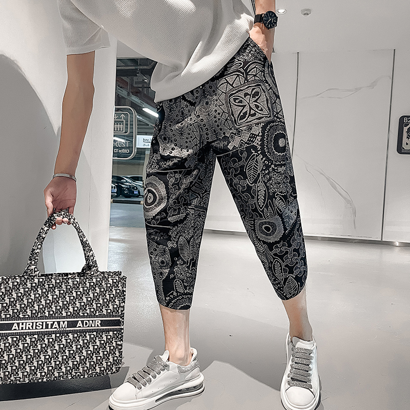 网红潮牌ins短裤坠感冰丝灯笼裤男夏季薄款七八分花色中国风裤子