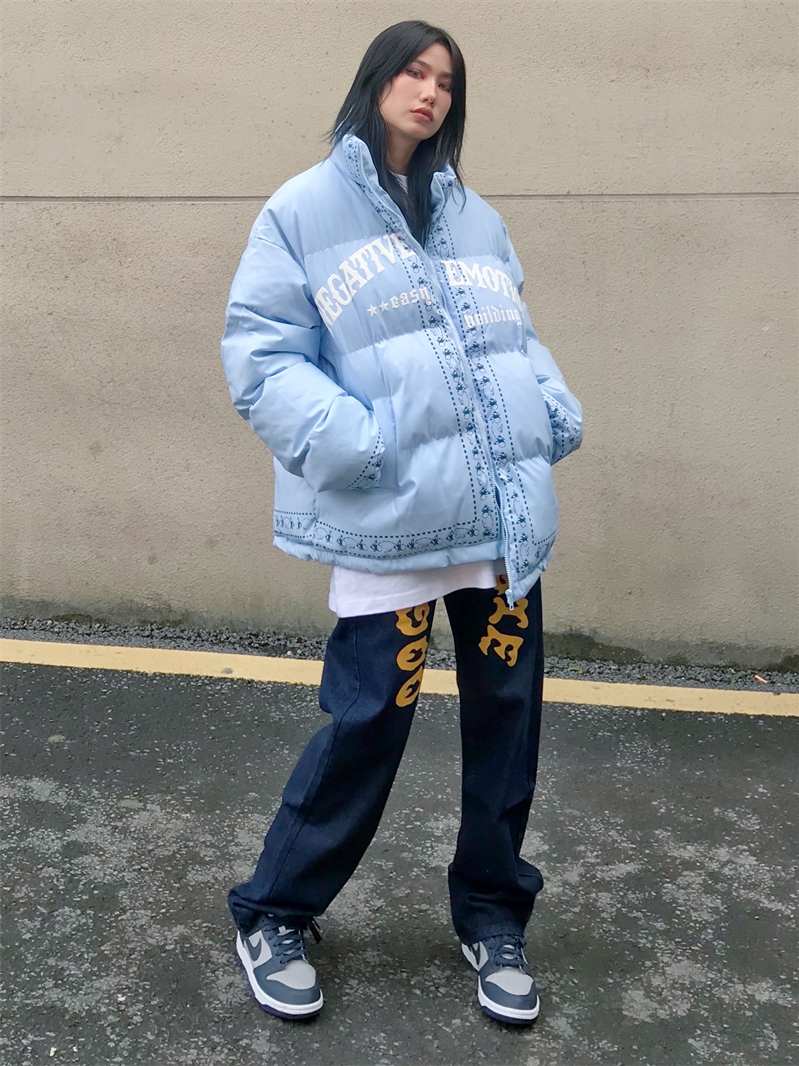 美式复古街头印花面包服棉服男冬季宽松立领加厚棉袄国潮情侣外套