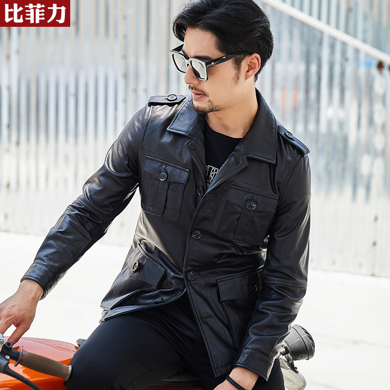 机车皮衣比菲力翻领多口口袋真皮男头层牛皮男士皮衣