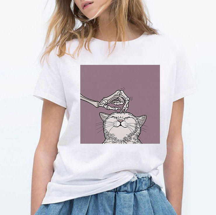 2020印花短袖夏短袖恤女黑猫新款骷髅白色打底t恤