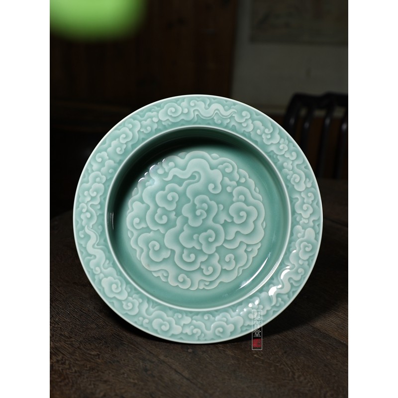 龙泉青瓷王传斌精刻云纹大号三足祥云陶瓷茶洗家居茶道