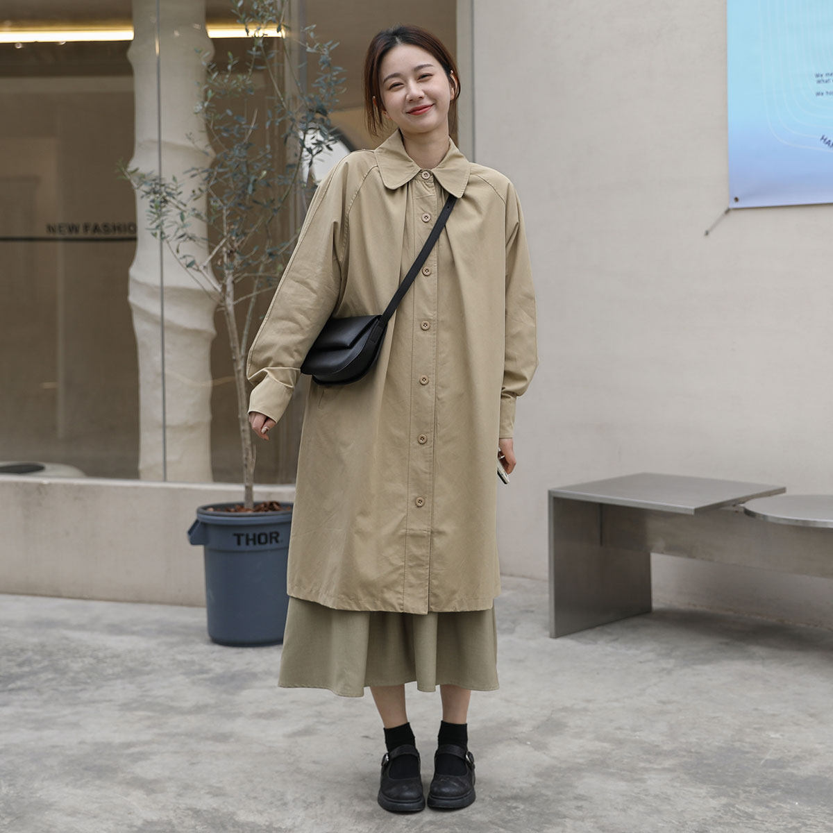三木风衣2021百搭外套早春中长纽扣翻领日系风衣