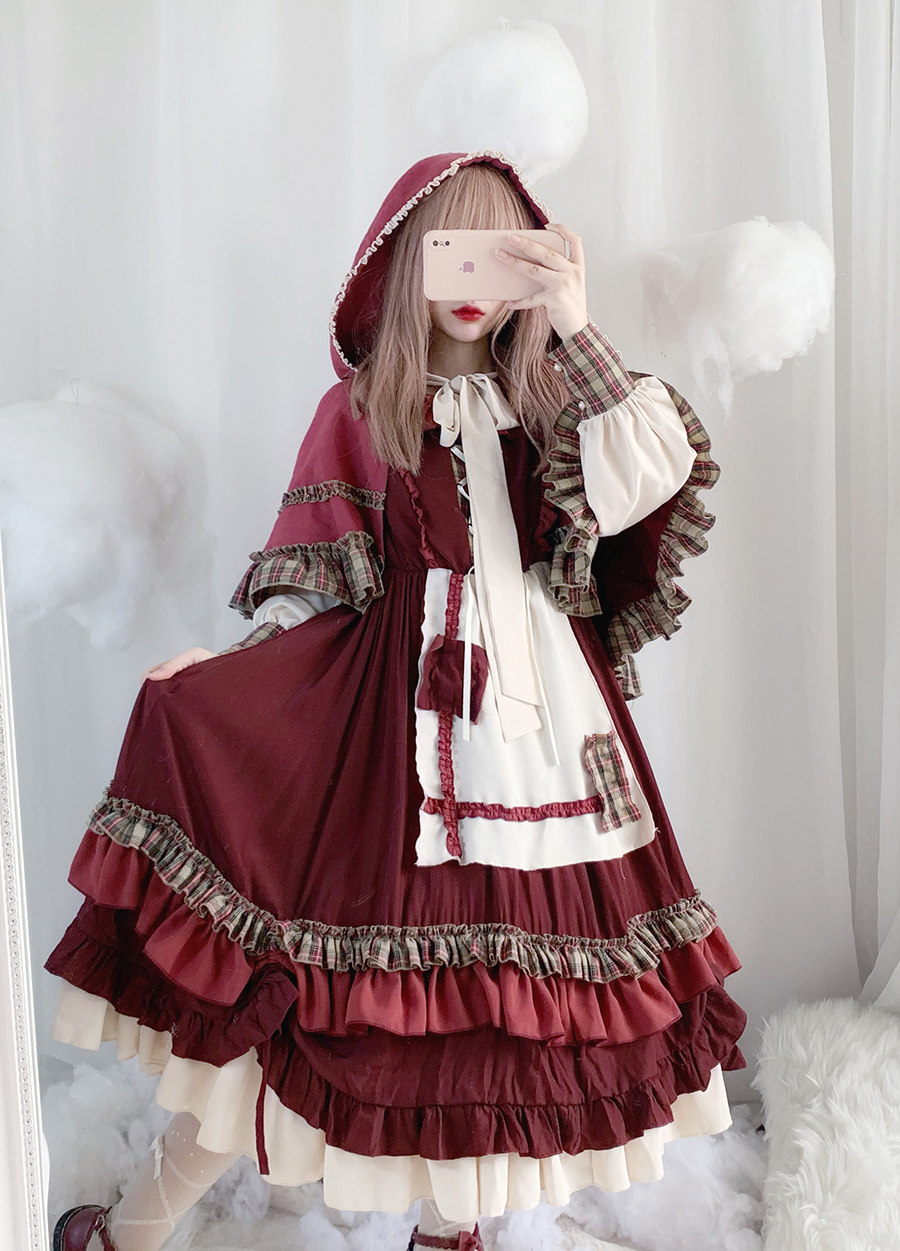 洋装日系复古圣诞小红帽op长袖lolita超大裙摆连衣裙