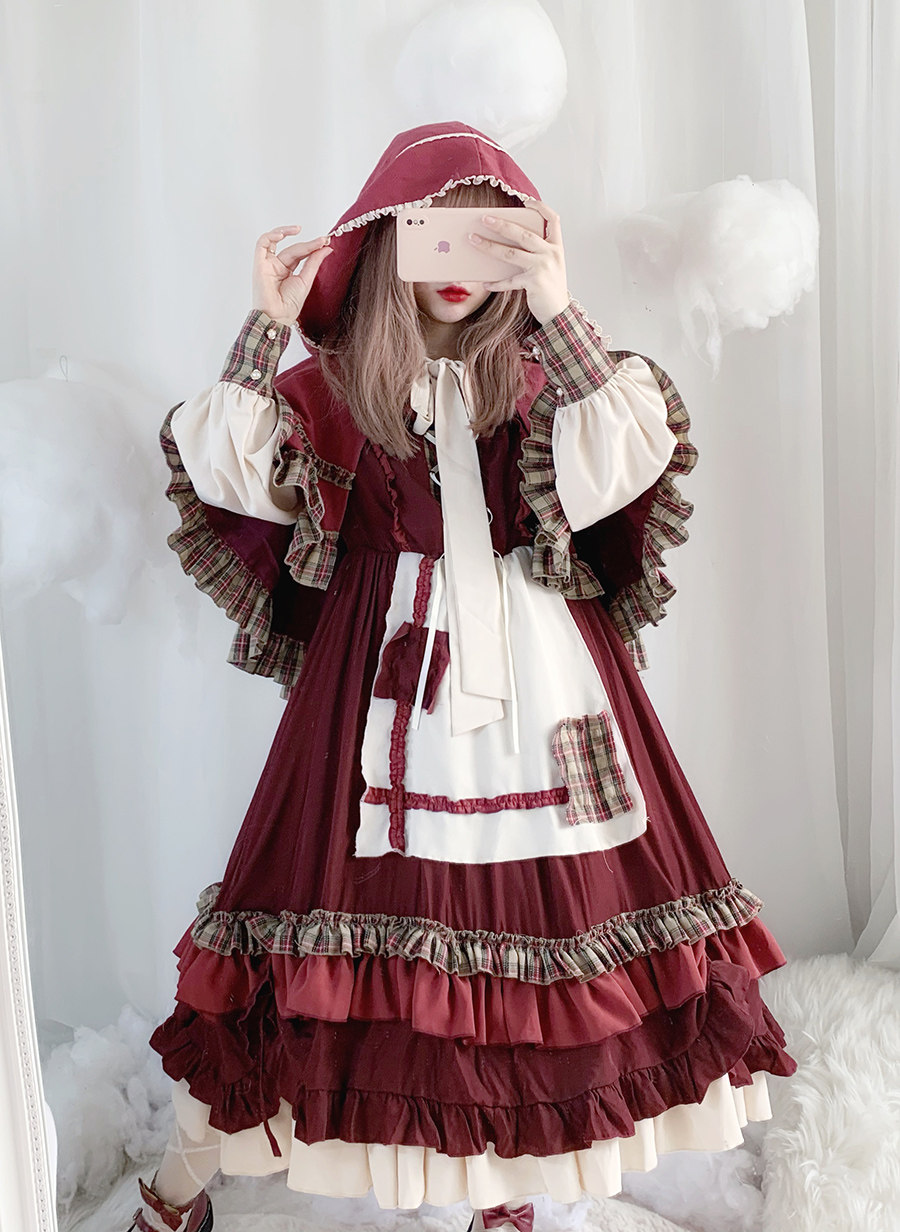 洋装日系复古圣诞小红帽op长袖lolita超大裙摆连衣裙