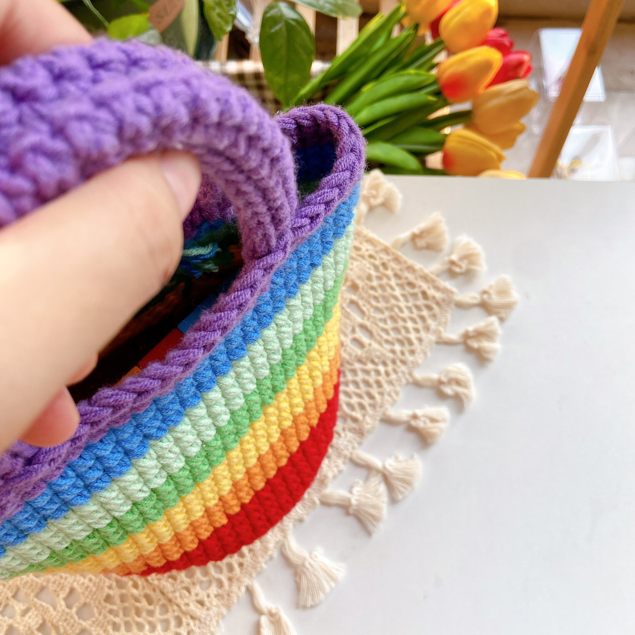 毛线手工钩针编织彩虹手提包材料diy自制打发毛线