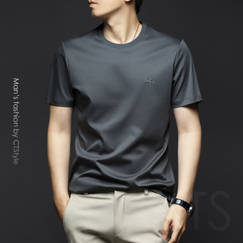 夏季男士丝光棉短袖T恤纯色刺绣圆领半袖打底衫潮流冰丝男装夏装