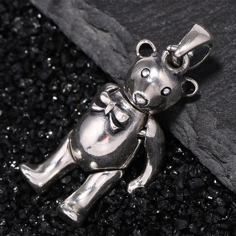 纯银小熊吊坠女可旋转欧美简约个性包包挂件项链