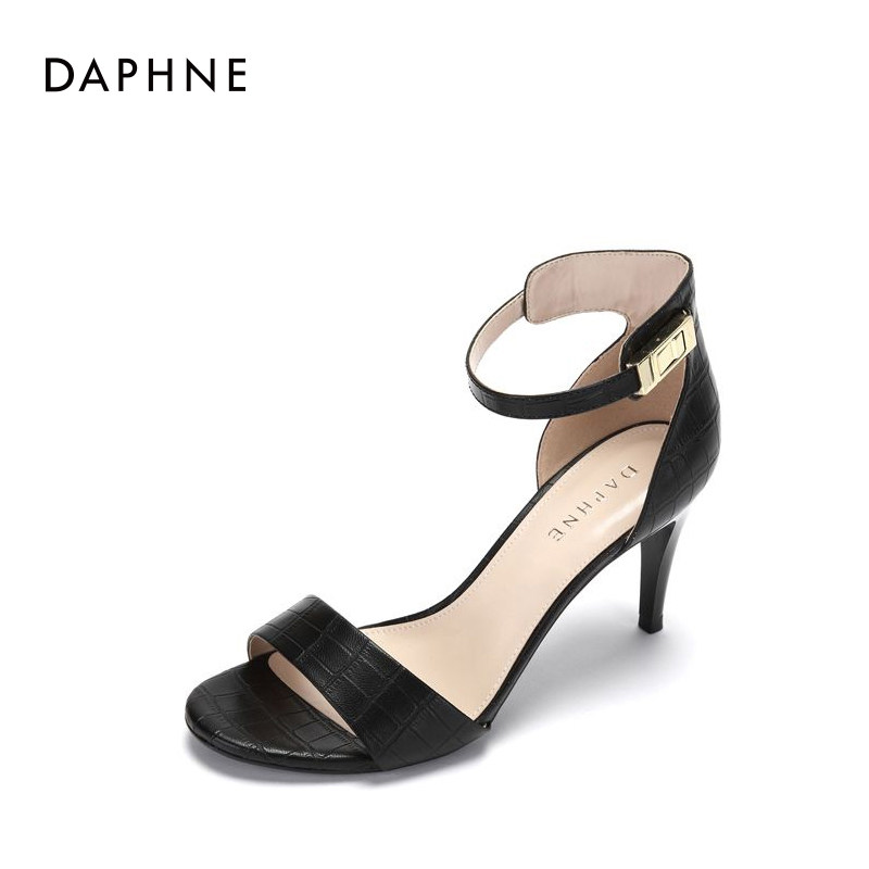 daphne/达芙妮夏休闲百搭粗跟女鞋简约一字带高跟凉鞋女特价清仓
