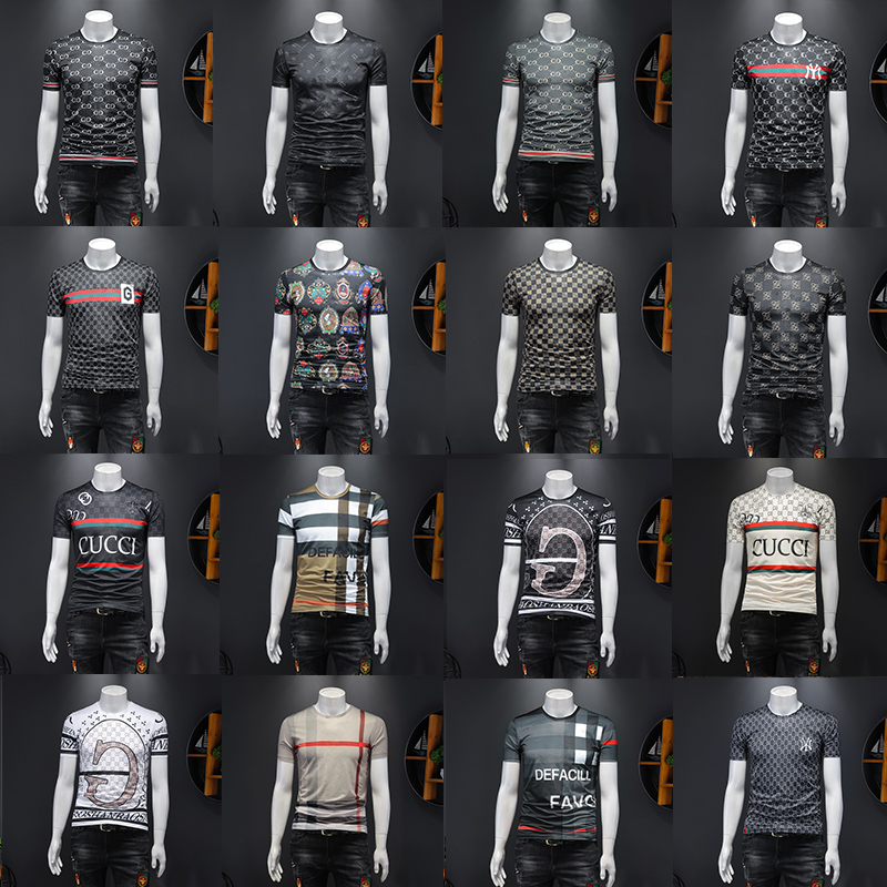 欧洲站短袖数码印花t恤男个性时尚圆领上衣冰丝潮流格子男士体恤