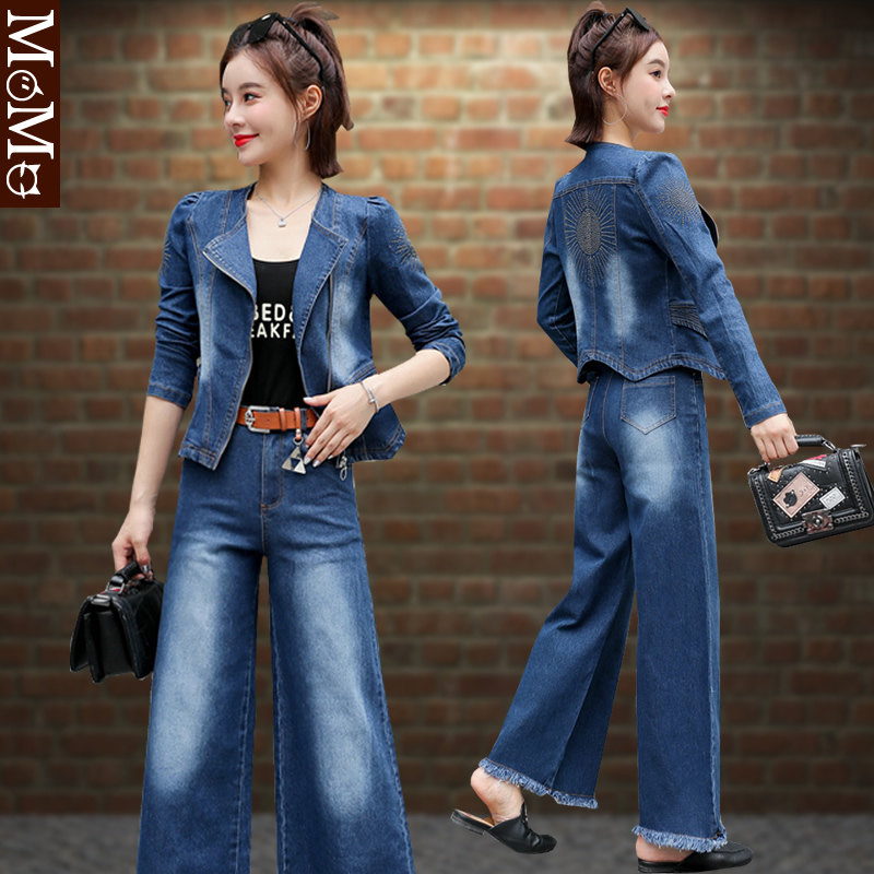 套装牛仔短款两件春秋2020韩版修身小西西装短外套