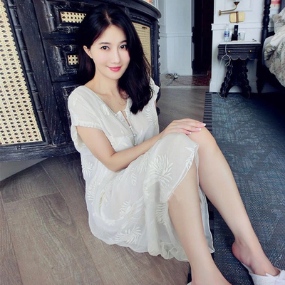 刘美人美人刘钰懿睡衣短袖真丝乔其绣花长裙连衣裙宽松仙女家居服睡裙