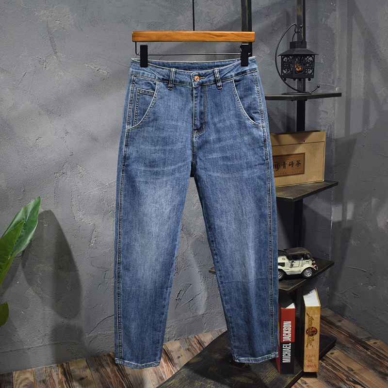 斜口袋微章春夏男友风九分牛仔裤弹力宽松时尚哈伦百搭潮牌老爹裤