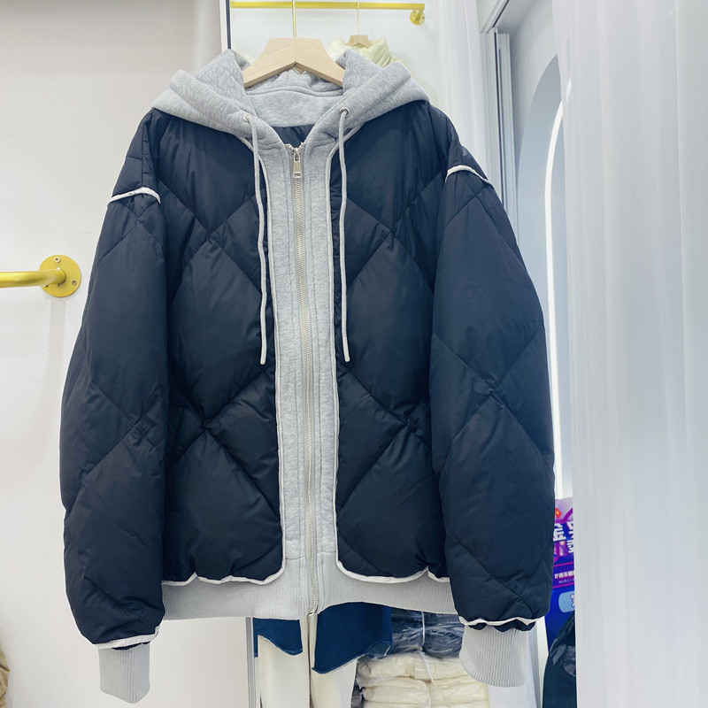 菱形羽绒服两件连帽卫衣款休闲宽松加厚针织拼接羽绒服