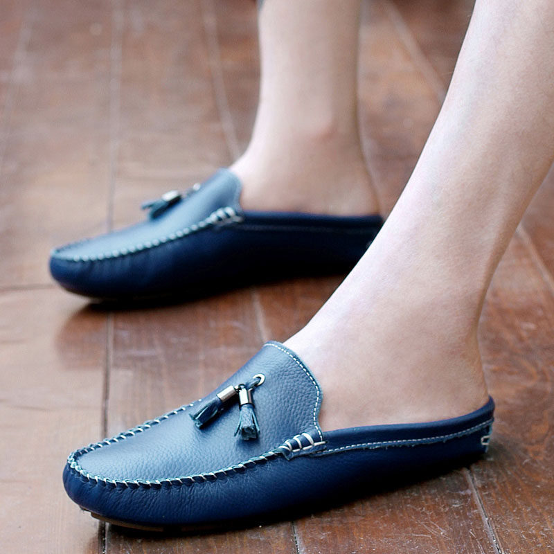 新款夏季真皮豆豆半拖男透气拖鞋男士休闲鞋包头包头拖