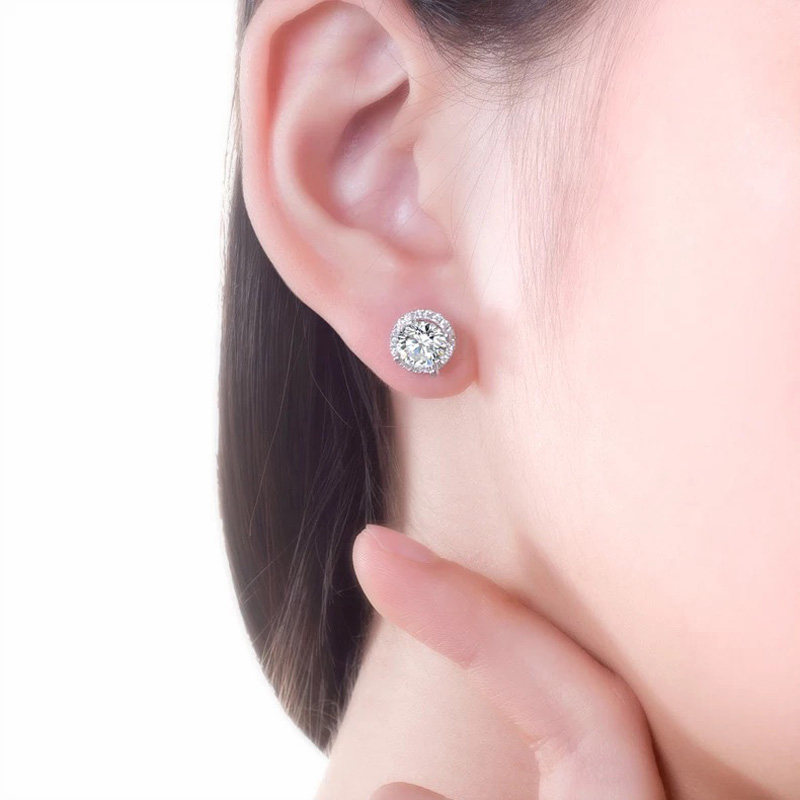 圆形包镶款圆包耳钉纯银铂金进口莫桑时尚耳针耳钉