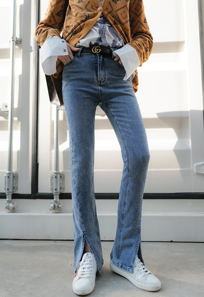 高个加长微喇喇叭牛仔裤女裤复古开叉筒裤显瘦牛仔裤