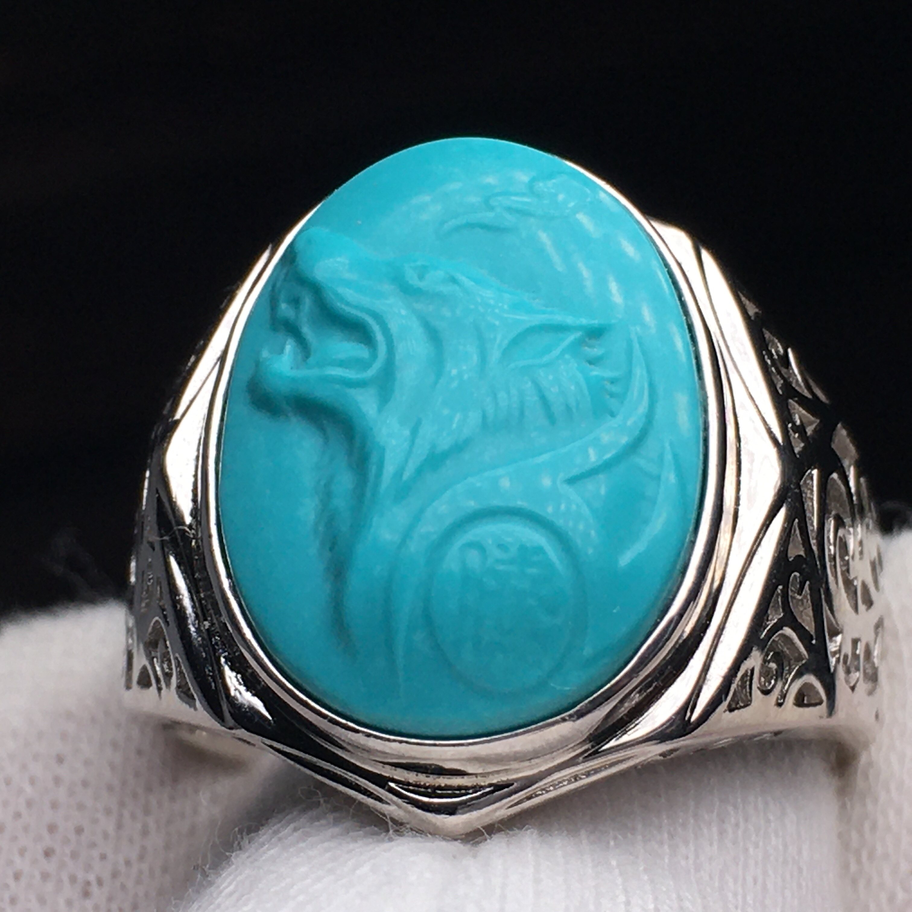 松石戒指绿松狼图腾狼头戒面天然雕刻戒指