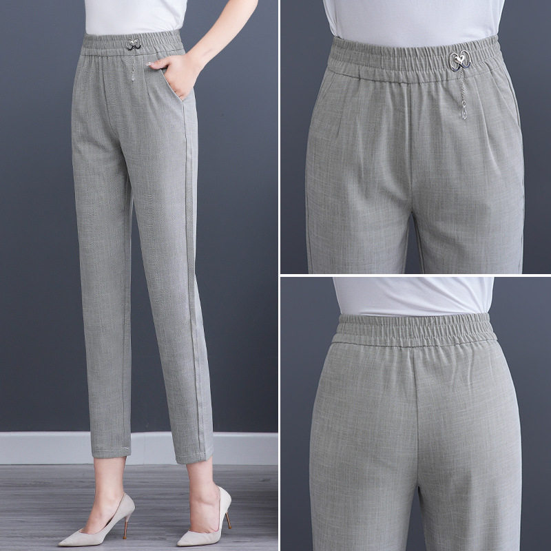 老太太裤子子女夏薄款中老年人妈妈九分奶奶棉麻筒裤中老年女装