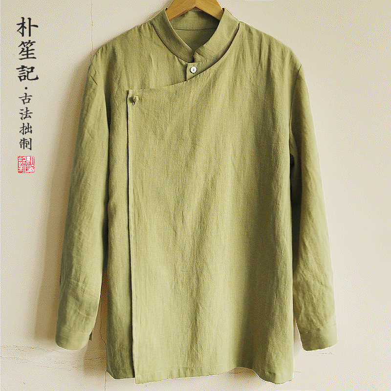 原创亚麻衬衫透气假两件薄款自制上衣男大码文艺范宽松中国风禅服