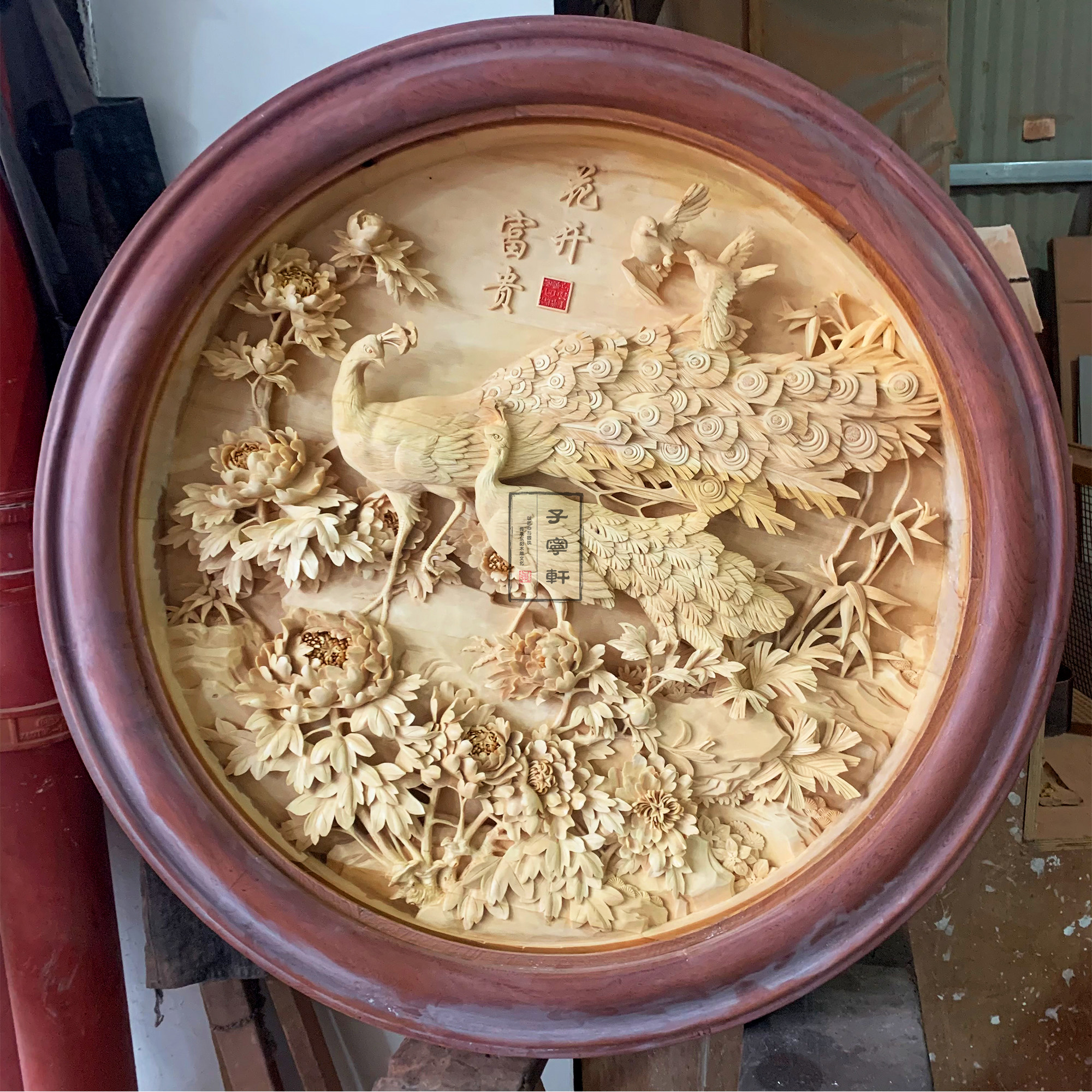 东阳木雕手工花开富贵牡丹花浮雕背景客厅酒店装饰木雕